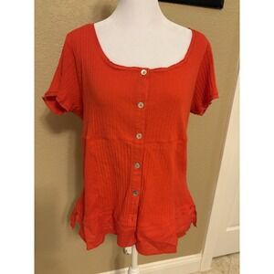 Soft Surroundings Roma Rubbed Button Up Short Sleeve Tee, Orange Red, XL